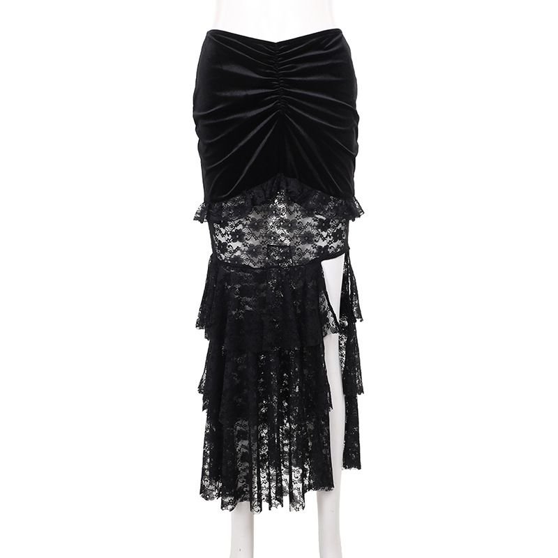 Women Fashion Dark Gothic Multi-Layer Stitching Split Fishtail Skirt