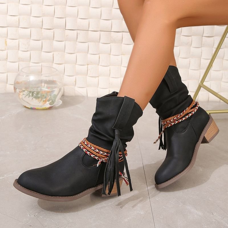 Autumn And Winter Women Fashion Plus Size Retro Tassel Round Toe Short Boots