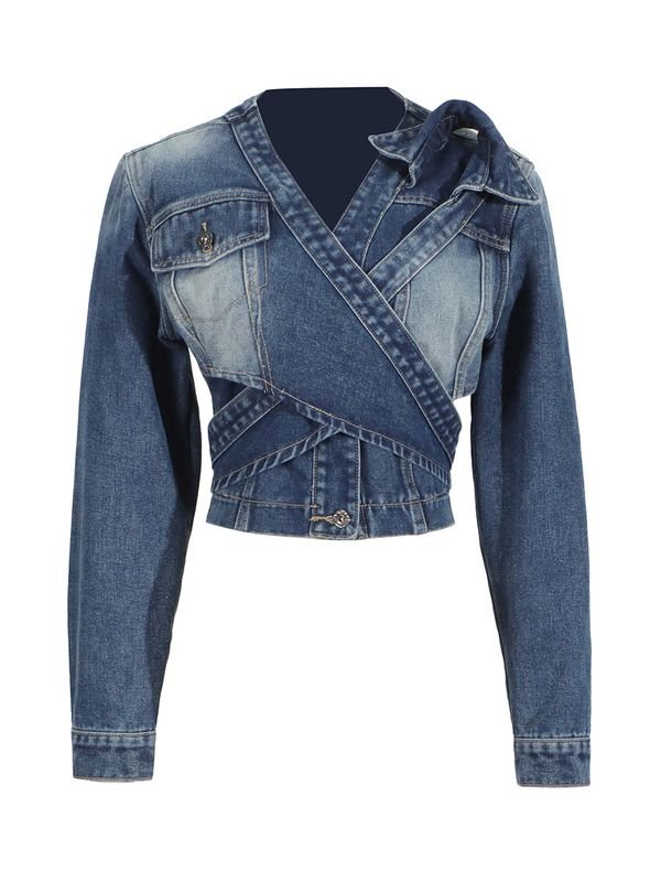 Women Summer Fashion Distinctive V-Neck Cross Asymmetrical Lace-Up Short Denim Jacket