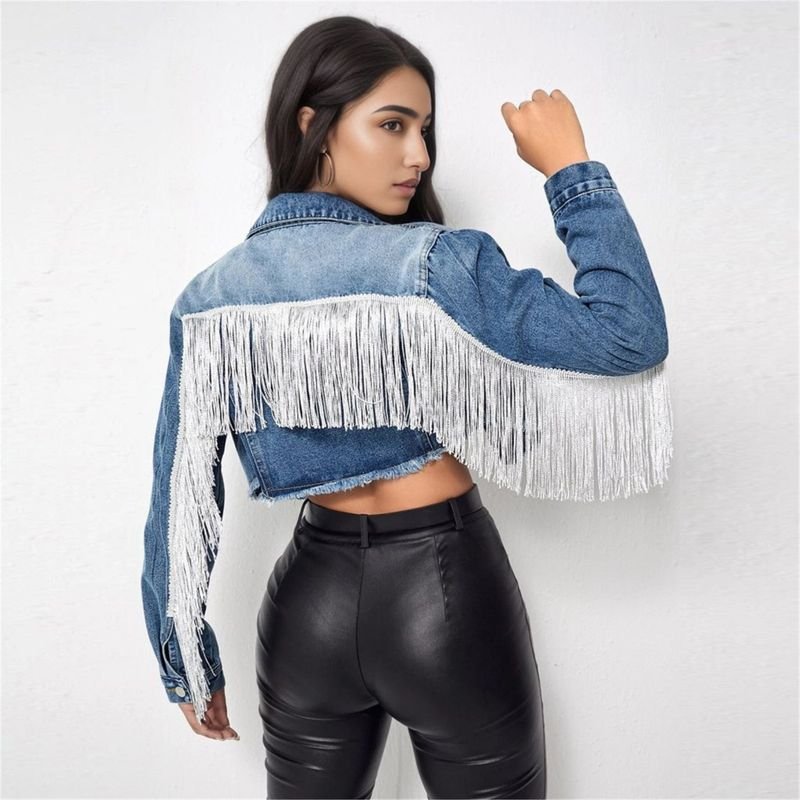 Women Fashion Fringed Crop Denim Coat