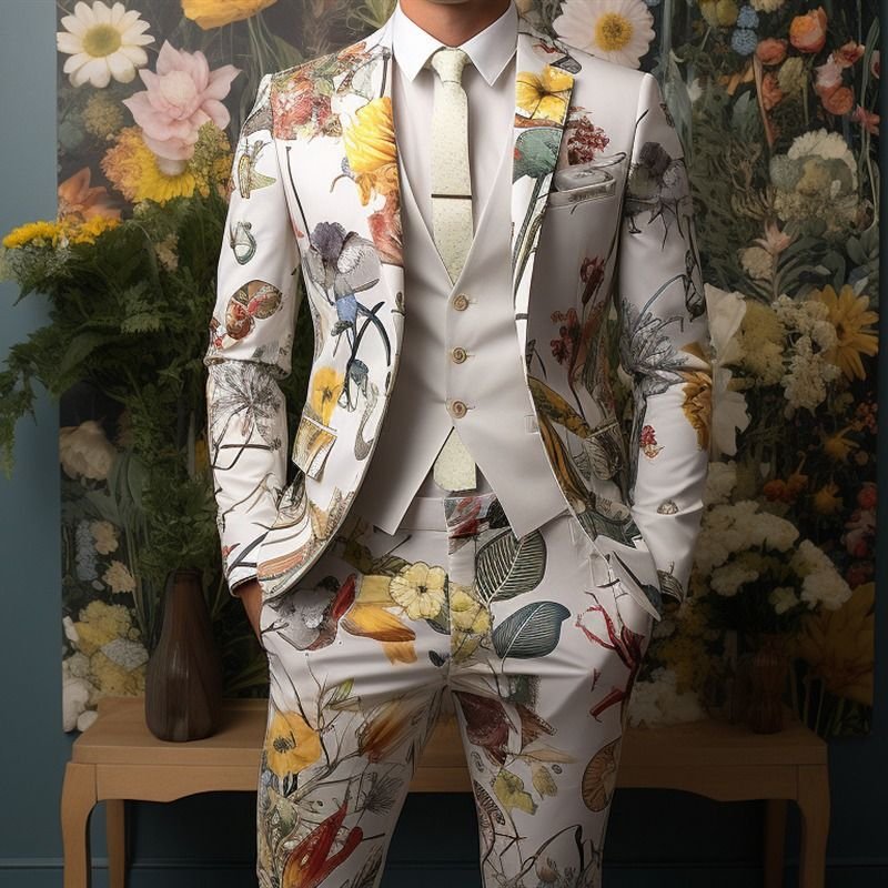 Men Fashion Casual Party 3D Tiger Floral Print Long Sleeve Lapel Suit Trousers Set