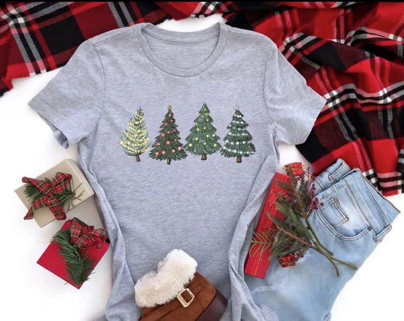 Cartoon Christmas Tree Print Round Neck Short Sleeve T-Shirt