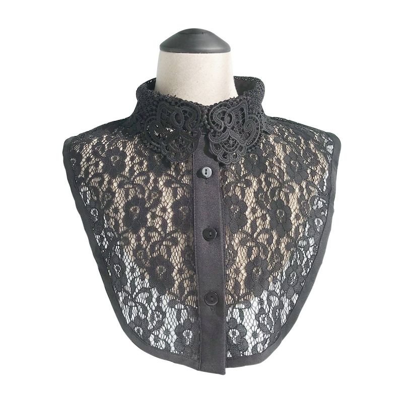 Women Chic Single-breasted Design Solid Color Flower Lace Pattern False Collar