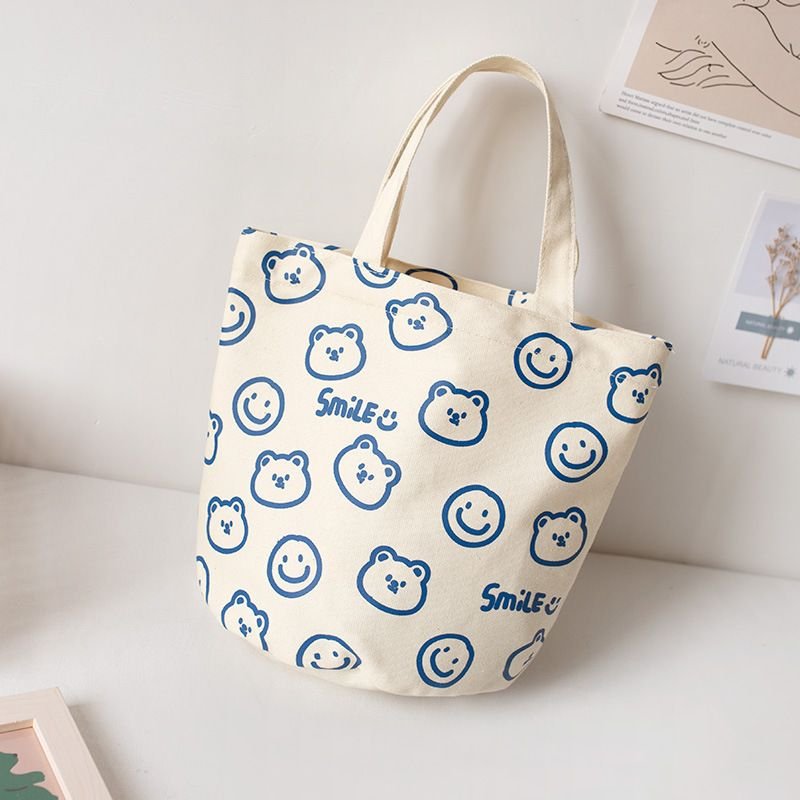 Simple Cartoon Bear Head Smiley Print Canvas Shopping Bag