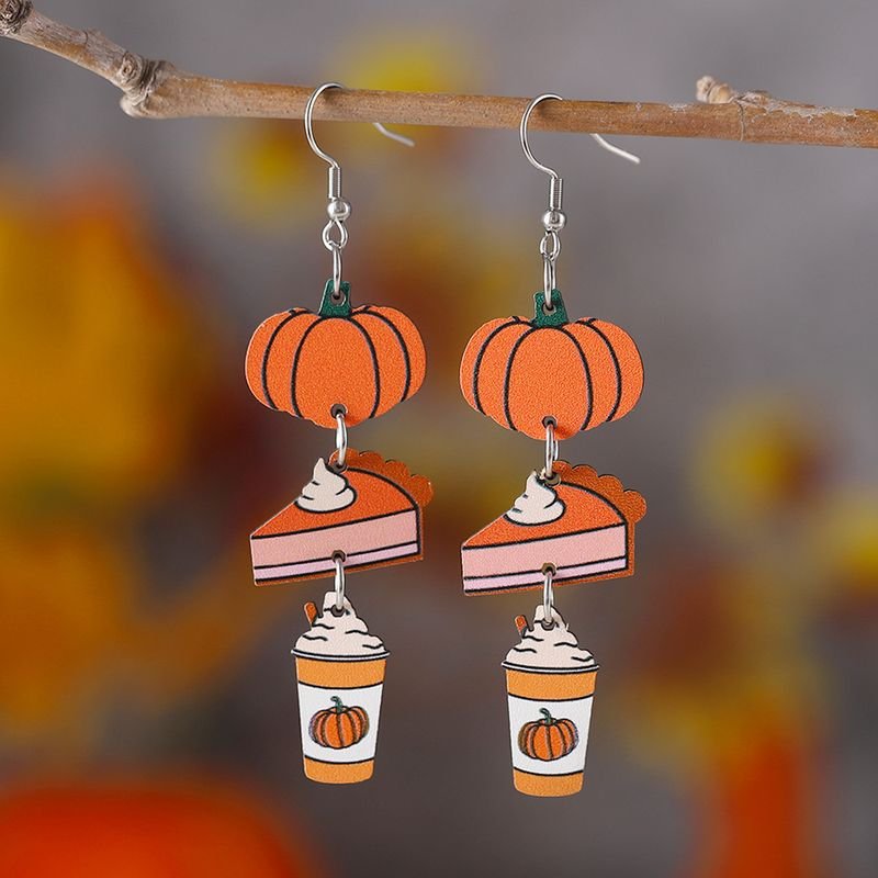 Autumn Harvest Thanksgiving Pumpkin Pie Coffee Cup Triple Pendant Earrings