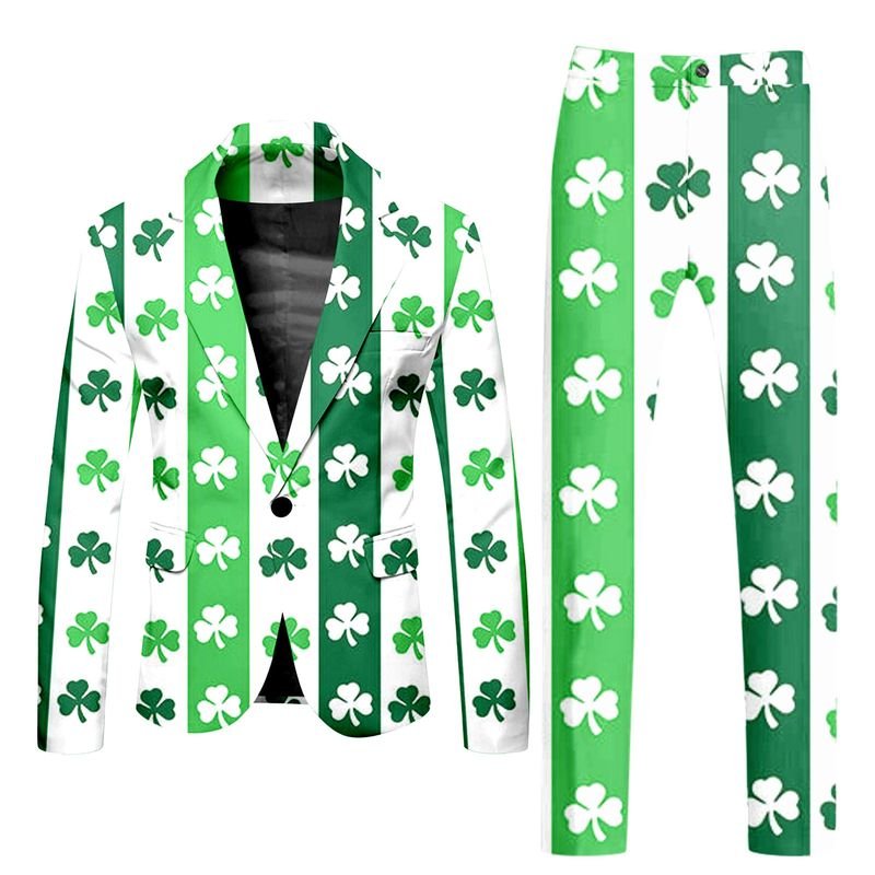 Men Fashion Casual St. Patrick Day Party Letters Clover 3D Print Long Sleeve Lapel Suit Trousers Set