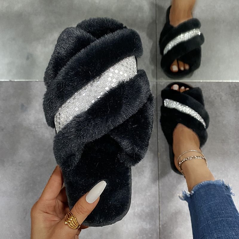 Autumn Winter Women Fashion Plus Size Cross Plush Warm Rhinestone Home Slippers