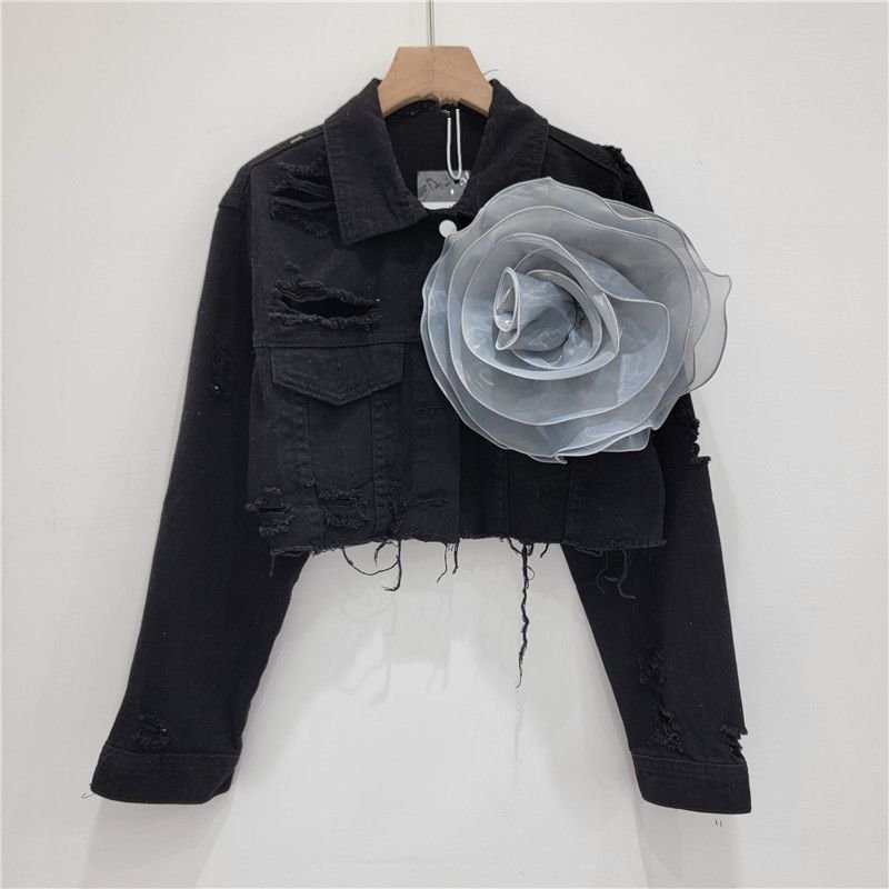 Fashion Creative Three-Dimensional Floral Personality Hole Denim Coat