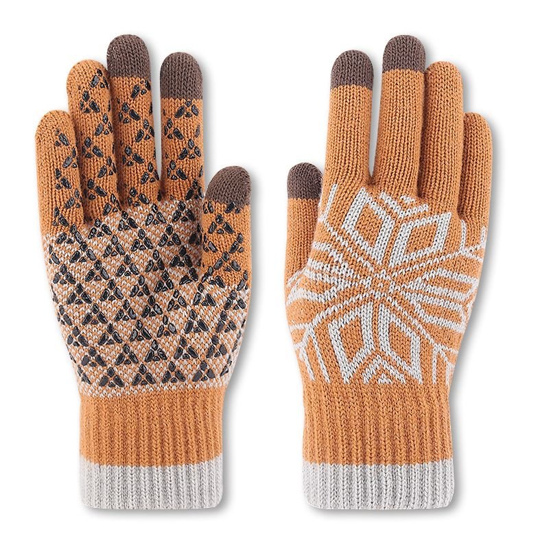 Autumn Winter Men Fashion Warm Fleece-Lined Thick Knitted Snowflake Gloves