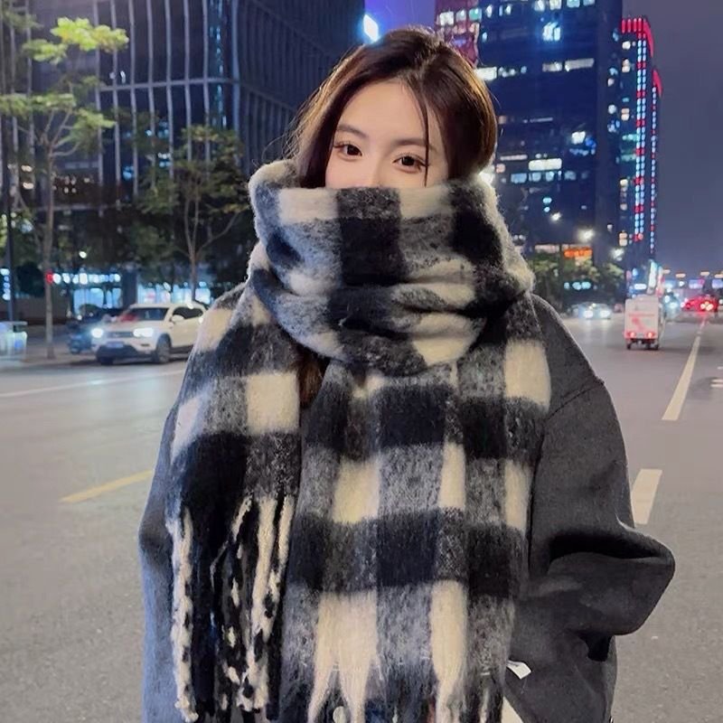 Autumn Winter Women Fashion Plaid Tassel Imitation Cashmere Warm Scarf