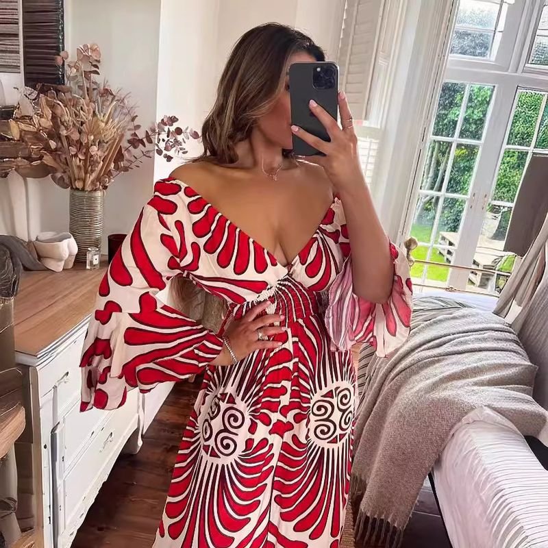 Women Fashion Casual Loose V-Neck Geometric Print High Waist Wide Leg Jumpsuits