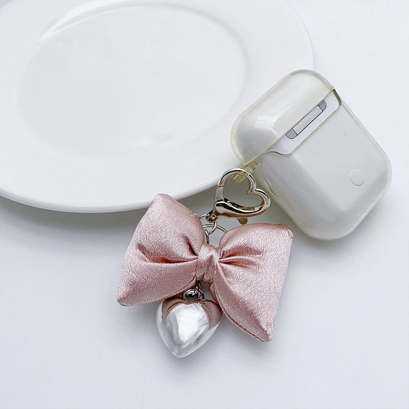 Women Fashion Simple Champagne Powder Three-Dimensional Bow Silver Metal Heart-Shaped Keychain