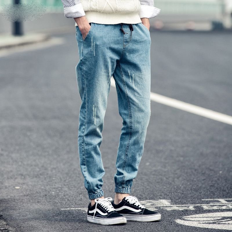 Men Spring Autumn Fashion Casual Drawstring Waist Jogger Jeans