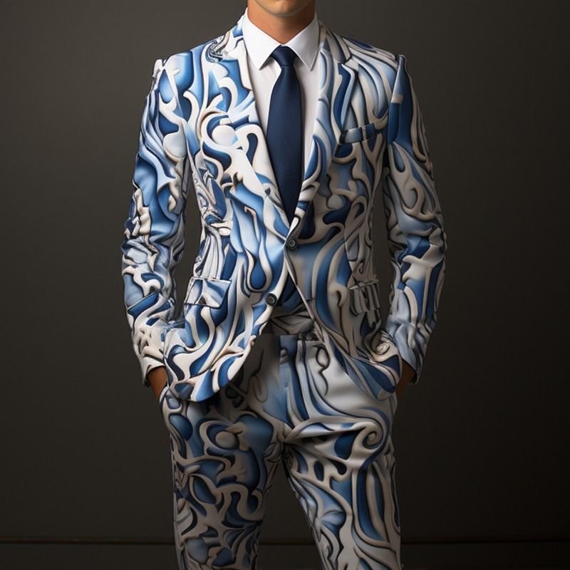 Men Fashion Casual Party 3D Tiger Floral Print Long Sleeve Lapel Suit Trousers Set