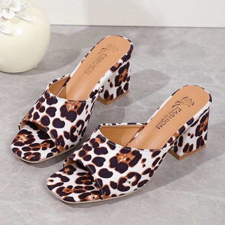 Women Fashion Plus Size Leopard Print Open Toe Suede High Heel Slippers