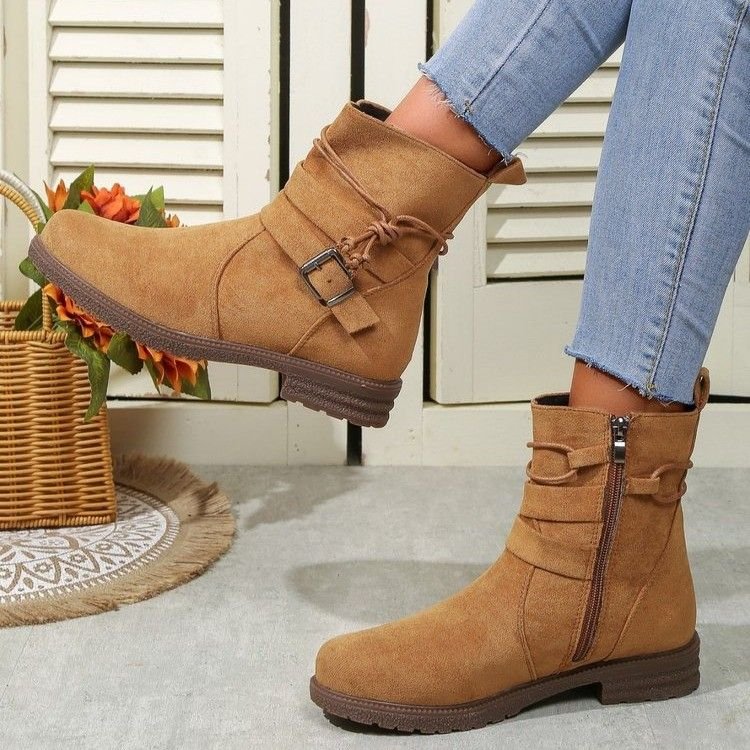 Autumn Winter Women Fashion Plus Size Side Zipper Belt Buckle Round Toe Short Boots