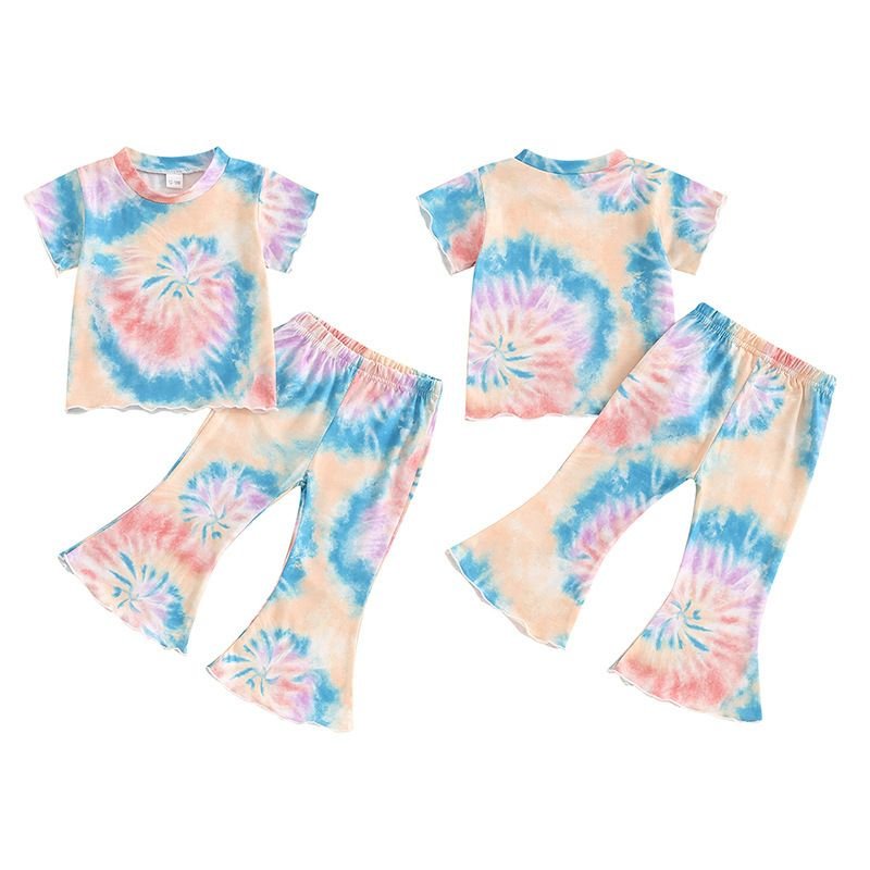 Kids Toddler Girls Casual Cute Tie-Dye Short Sleeve T-Shirt Flare Trousers Sets