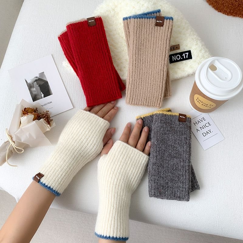 Autumn Winter Women Simple Solid Color Thickened Warm Half Finger Gloves