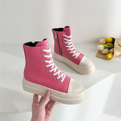 Women Fashion Thick-soled Solid Color Leather High Top Sneakers