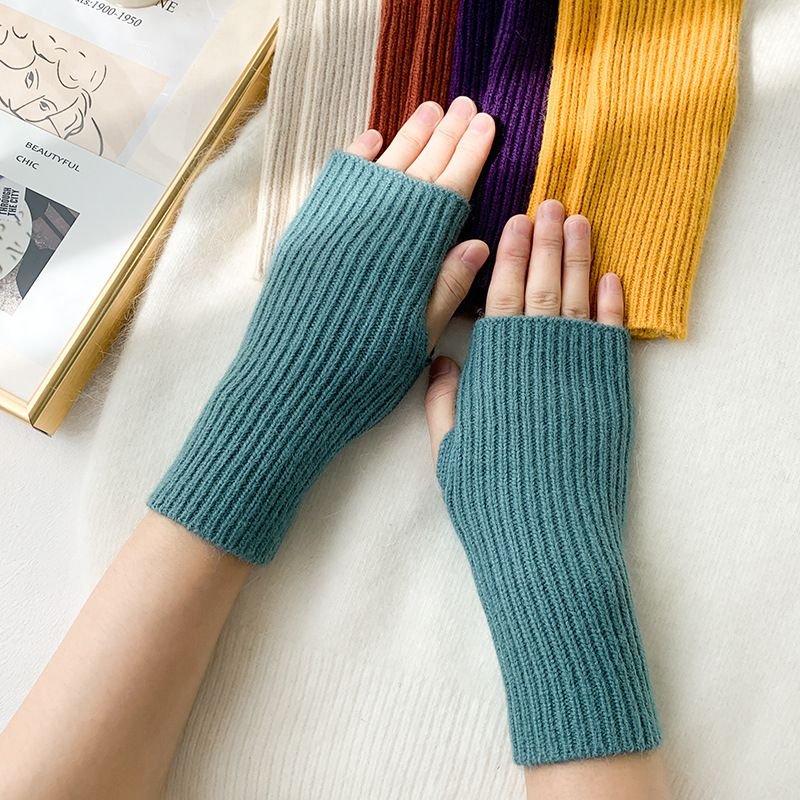 Autumn Winter Women Simple Solid Color Vertical Strip Knitted Wool Half-Finger Gloves