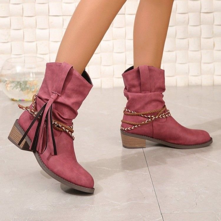 Autumn And Winter Women Fashion Plus Size Retro Tassel Round Toe Short Boots