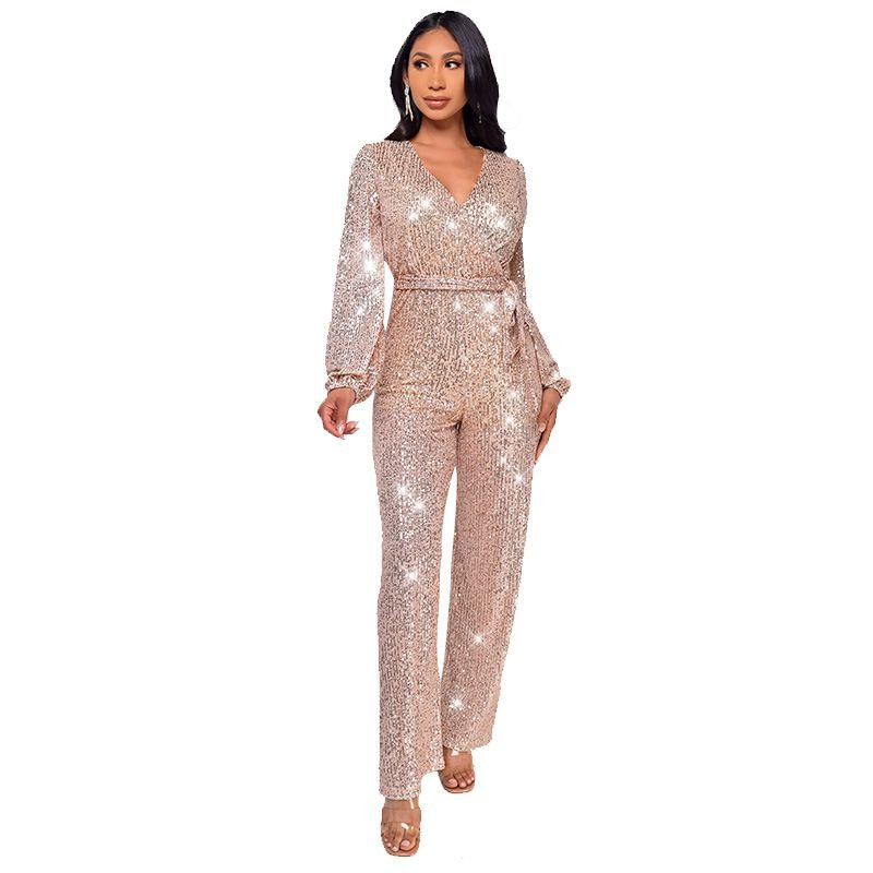 Women Fashion Casual Deep V Sequin Lace-Up Long Sleeve Jumpsuit