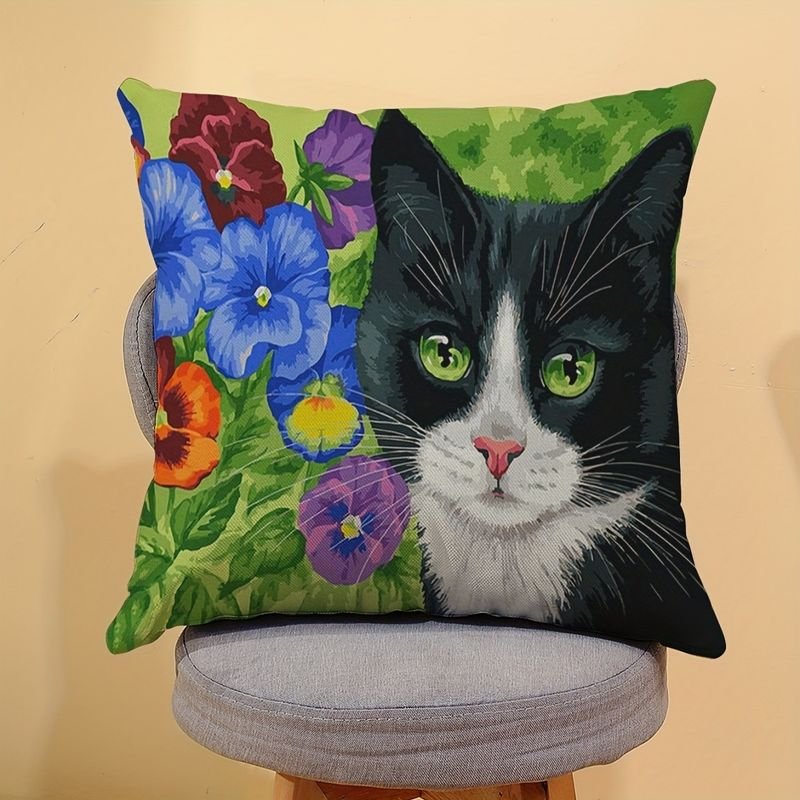 Fashion Cartoon Oil Painting Green Eye Cat Printed Home Sofa Cushion Cover