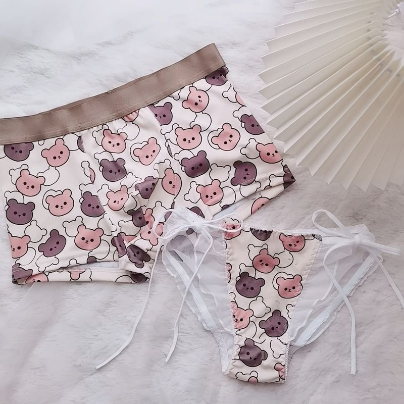 Cartoon Cute Bear Lace Semi-Transparent Couple Underwear