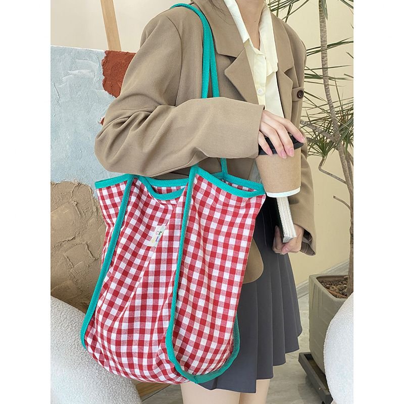 Women Simple Plaid Colorblock Large Capacity Shopping Tote Bag