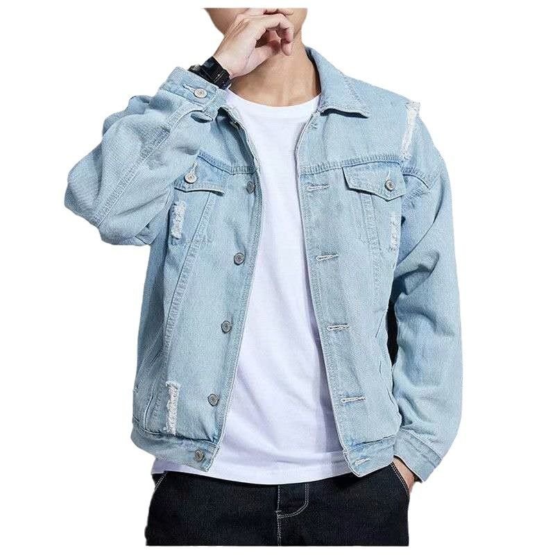 Men Fashion Casual Solid Color Ripped Long Sleeve Lapel Denim Jacket