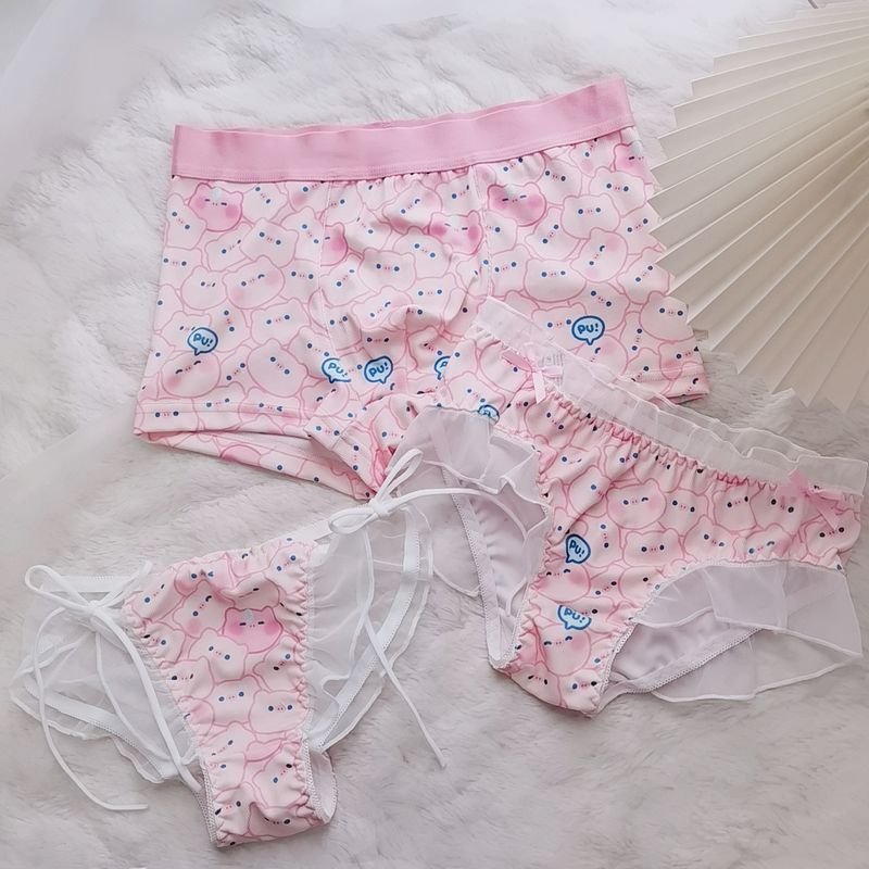 Sexy Cute Pink Pig Lace Mesh Couple Underwear