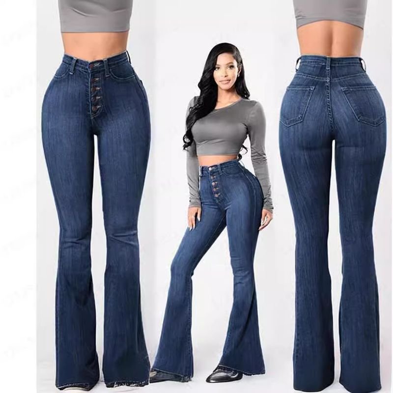 Women Fashion High Waist Stretch Wide Leg Jeans