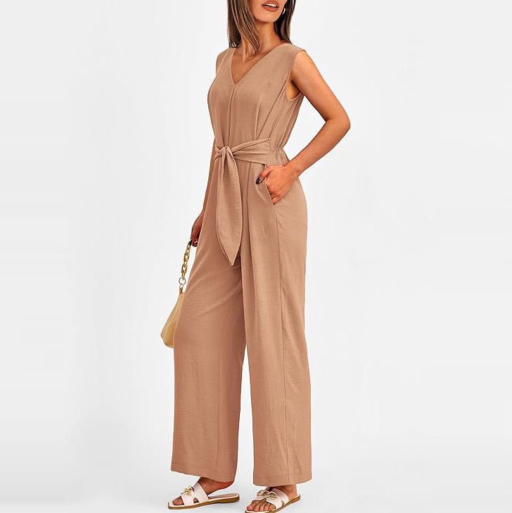 Summer Women Casual Solid Color V-Neck Sleeveless Lace-Up Wide Leg Jumpsuits