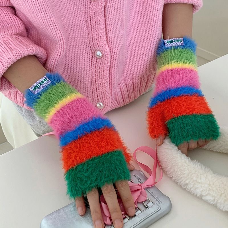 Autumn Winter Women Fashion Rainbow Warm Knitted Half Finger Gloves