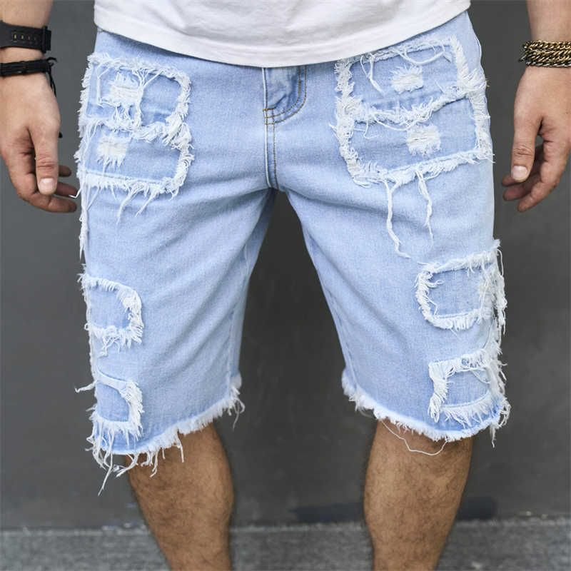 Men Fashion Casual Personality Solid Color Ripped Denim Shorts