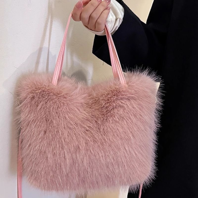 Autumn Winter Women Simple Solid Color Plush Handle Shoulder Bag