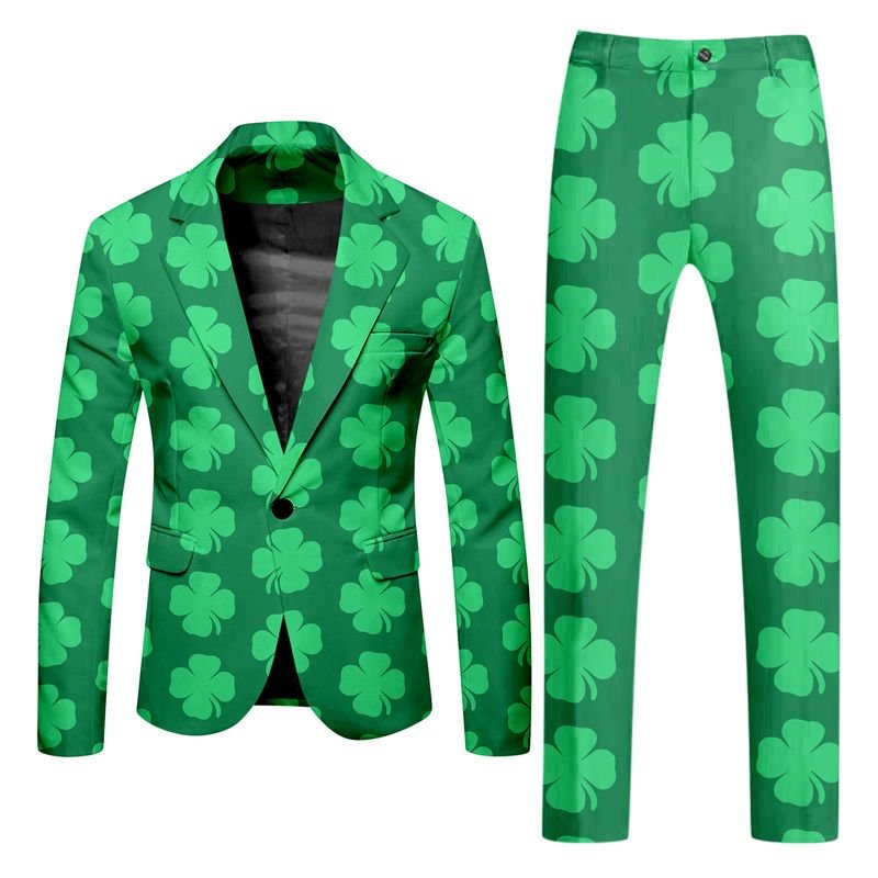 Men Fashion Casual St. Patrick Day Party Letters Clover 3D Print Long Sleeve Lapel Suit Trousers Set