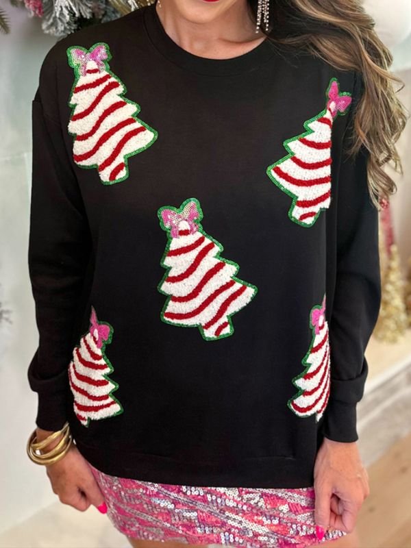 Women Fashion Christmas Tree Sequin Crewneck Long Sleeve Sweatshirt