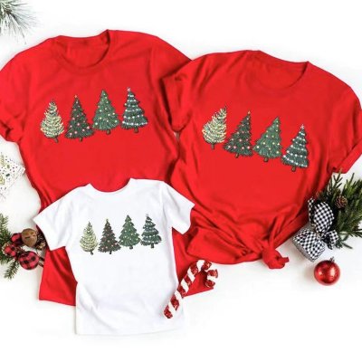 Cartoon Christmas Tree Print Round Neck Short Sleeve T-Shirt