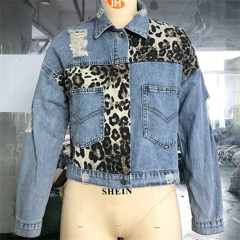 S-XL Women Autumn Casual Vintage Patchwork Leopard Loose Denim Jacket Top