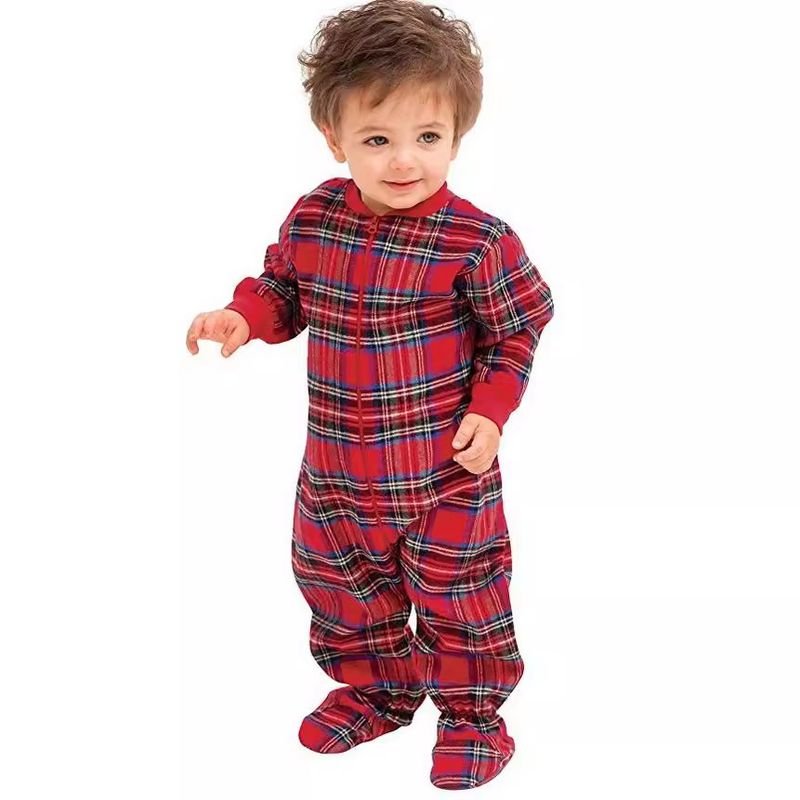 Simple Fashion Christmas Plaid Round Neck Long Sleeve Parent-Child Home Pajamas Set