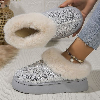 Autumn Winter Women Fashion Plus Size Plush Warm Sequins Thick-Soled Snow Boots