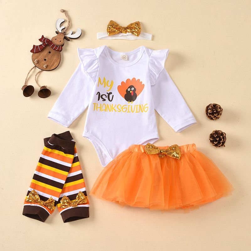 Kids Baby Girls Casual Cute Thanksgiving Turkey Alphabet Print Long Sleeve Romper Mesh Skirt Sets