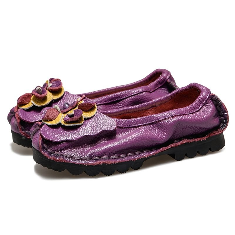 Soft Genuine Leather Flat Shoes Women Flats With Flowers Design Loafers