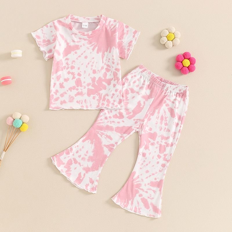 Kids Toddler Girls Casual Cute Tie-Dye Short Sleeve T-Shirt Flare Trousers Sets