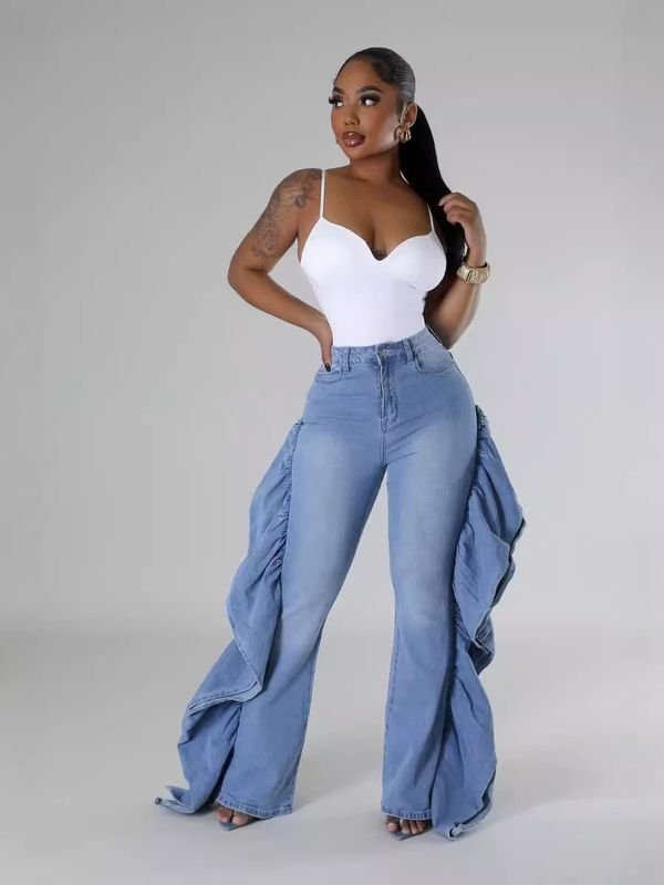 Women Fashion Creative Ruffle Design Stretch Jeans