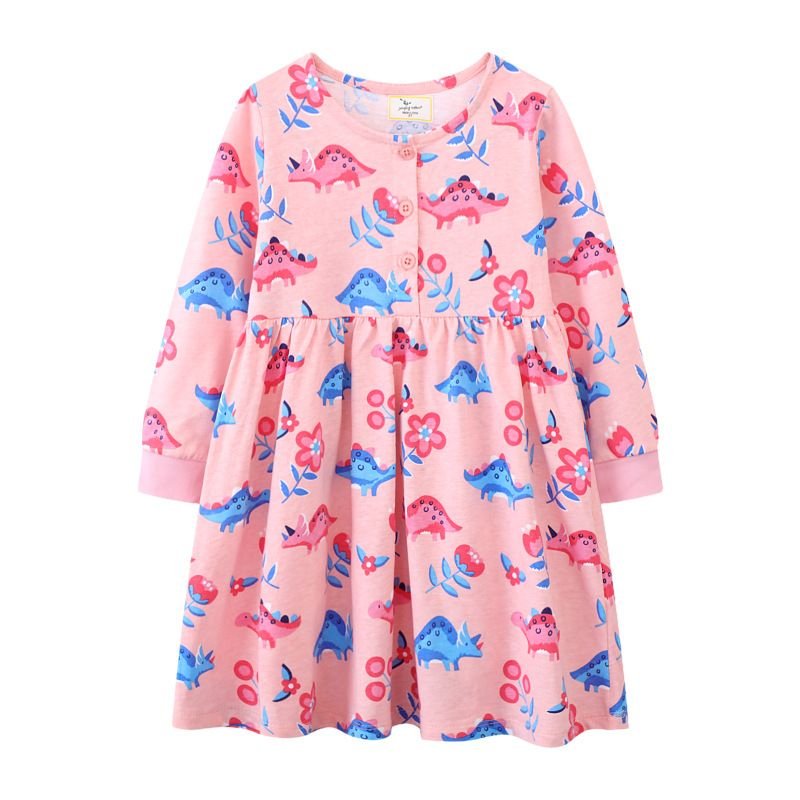 Kids Toddler Girls Casual Cute Cartoon Dinosaur Print Long Sleeve Dress