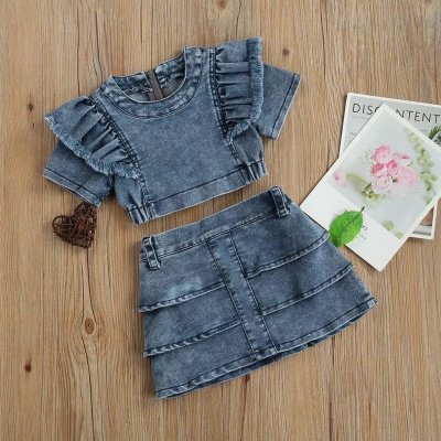 Kids Toddler Girls Fashion Casual Denim Short Sleeve Top Denim Skirt Set