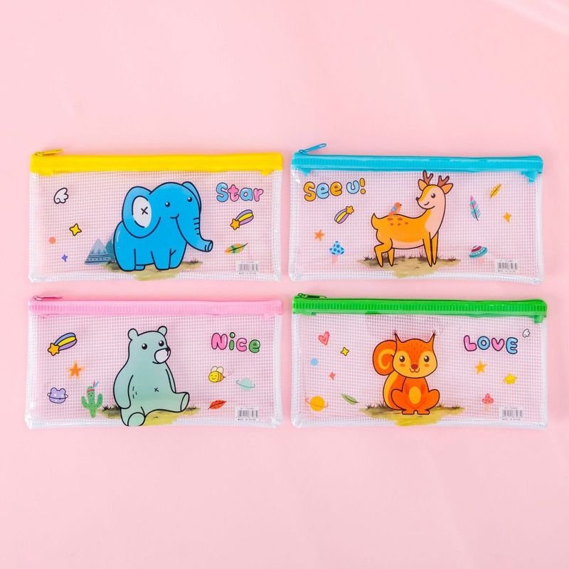 Simple Cartoon Large Capacity Transparent Mesh Zipper Pencil Bag