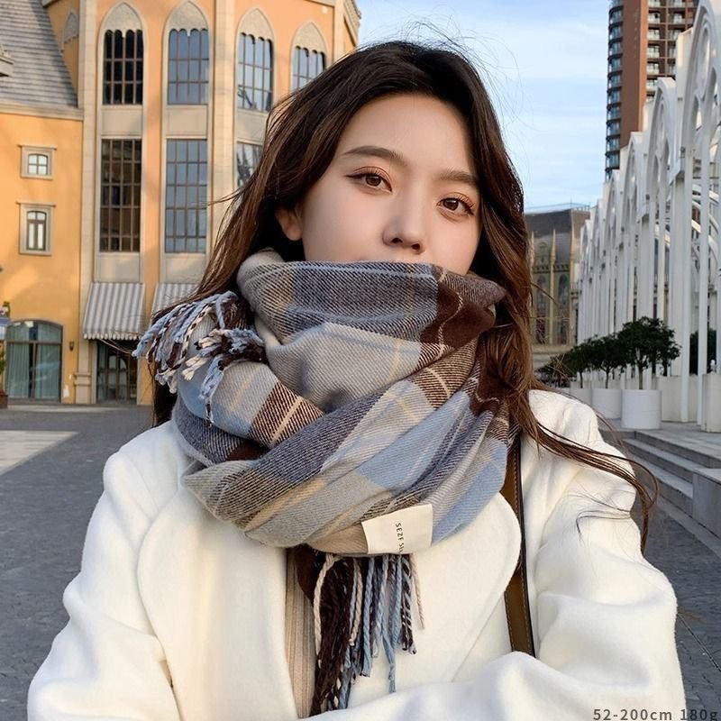 Autumn Winter Women Fashion Plaid Tassel Imitation Cashmere Warm Scarf